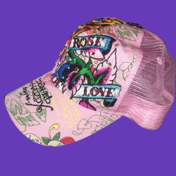 Don Ed Hardy Rhinestone Mesh Hot Pink Hat - Heart & Skull 2000s Y2K Vintage - Picture 8 of 8